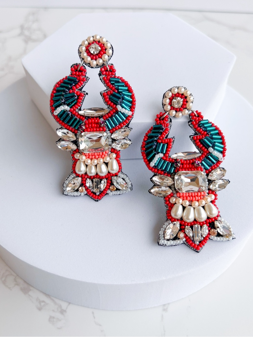 FARM Rio Red and Teal Lobster Beaded Drop Earrings with Crystal & Pearl Accents